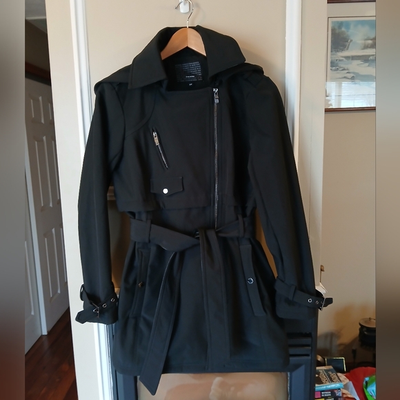 Steve Madden Black Asymmetrical Zip Fleece Lined Hooded Coat Size S/P - Picture 7 of 10